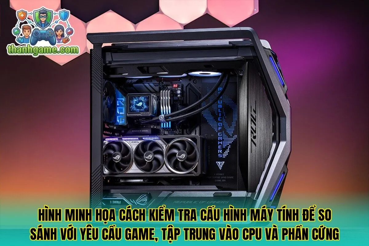 Hình minh họa cách kiểm tra cấu hình máy tính để so sánh với yêu cầu game, tập trung vào CPU và phần cứng